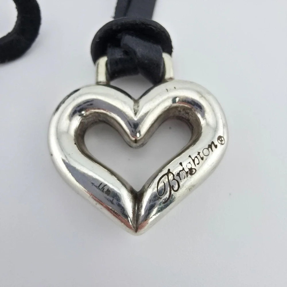 BRIGHTON Heart Key Chain Fob Handbag Charm Black Leather Strap Silver Plate 8